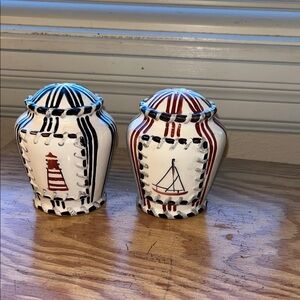 Nautical Ceramic Salt and Pepper with Red and‎ Blue Stripes